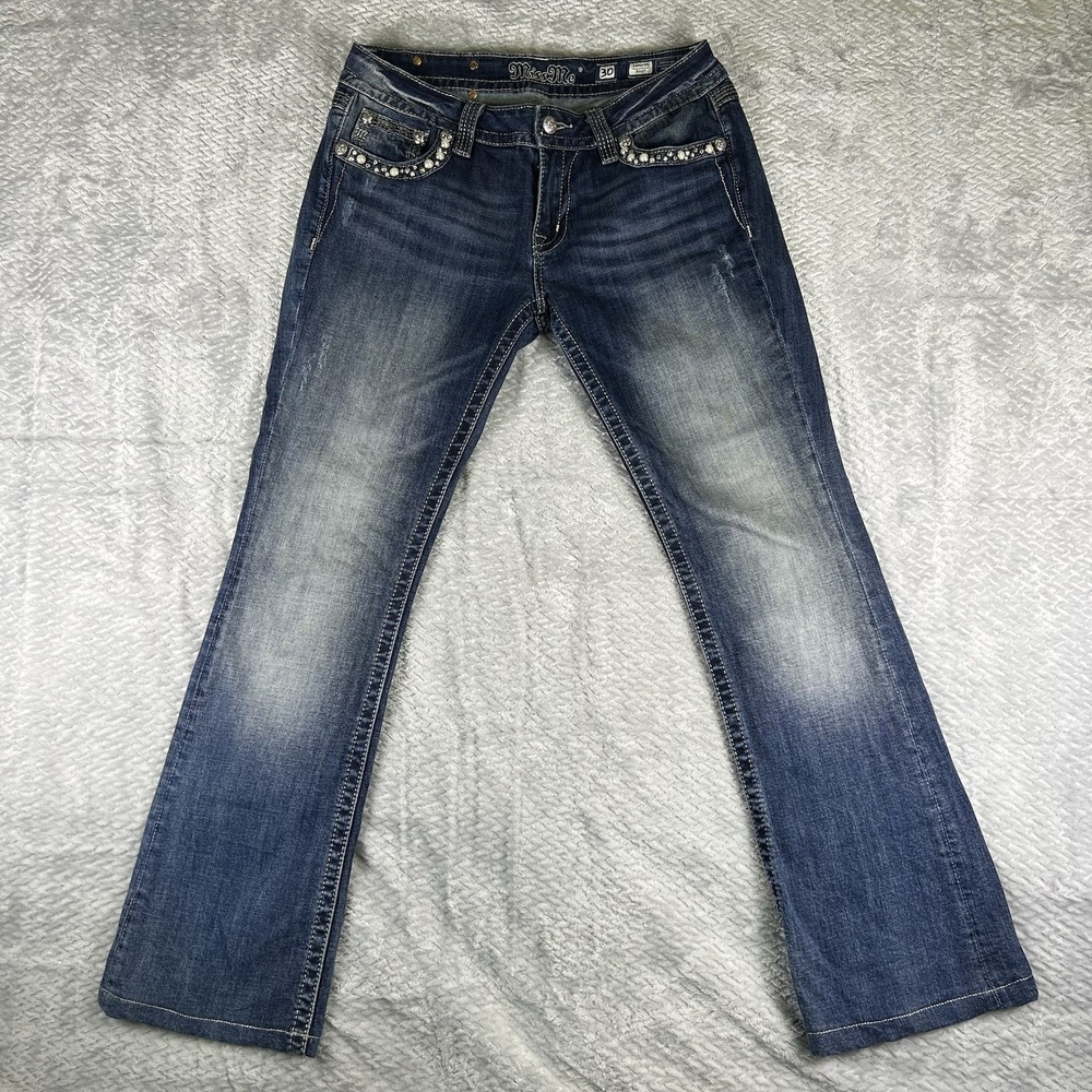 MISS ME Signature Boot Jeans Womens 30x31 Pearl Rhinestone Flap Pocket Stretch